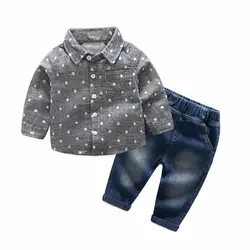 2 шт. комплект одежды для маленьких мальчиков Костюмы наряды в горошек Блузка Хлопок Длинные рукава футболка длинные джинсовые Брюки для
