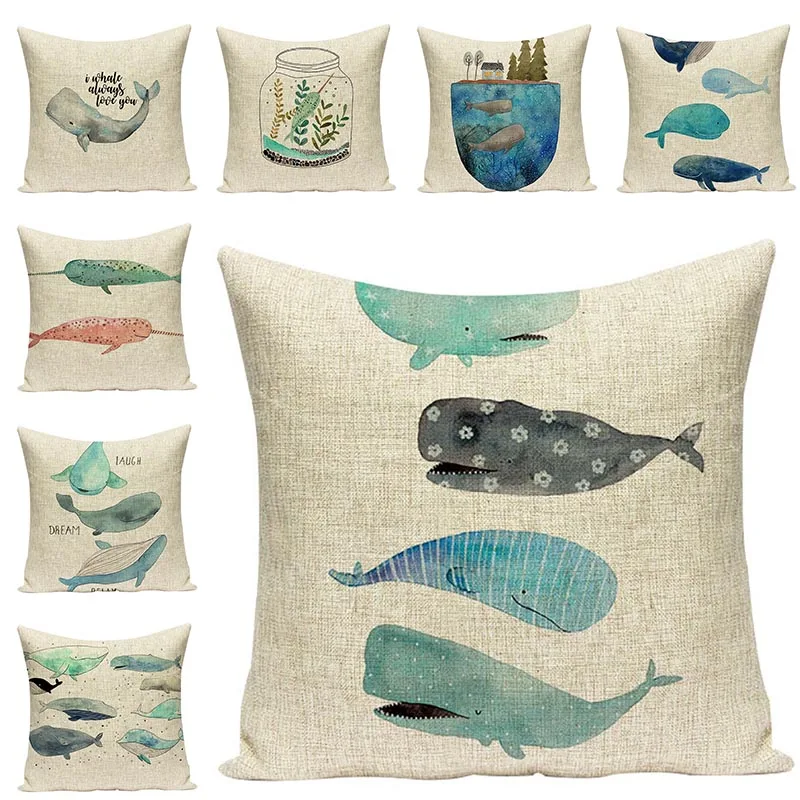 

Customized Ocean Whale Printed Chair Cushion Home Decorative Pillowcase Cushions Cover for Sofa Simple Cotton Linen Pillow Cases