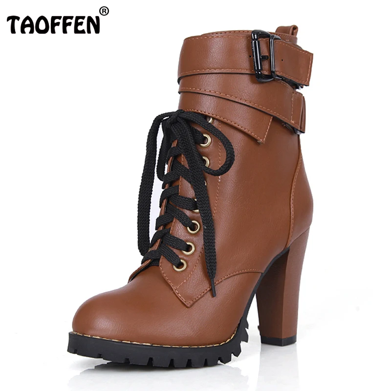

TAOFFEN Size 34-43 Women High Heel Half Short Ankle Boots Autumn Winter Botas Quality Motorcycle Buckle Footwear Warm Boot Shoes