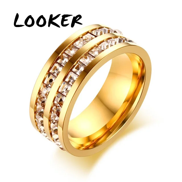 

LOOKER Double Rows CZ Stones Ring For Women Elegant Rose Gold Color Stainless Steel Wedding Band Female Alliance Jewelry