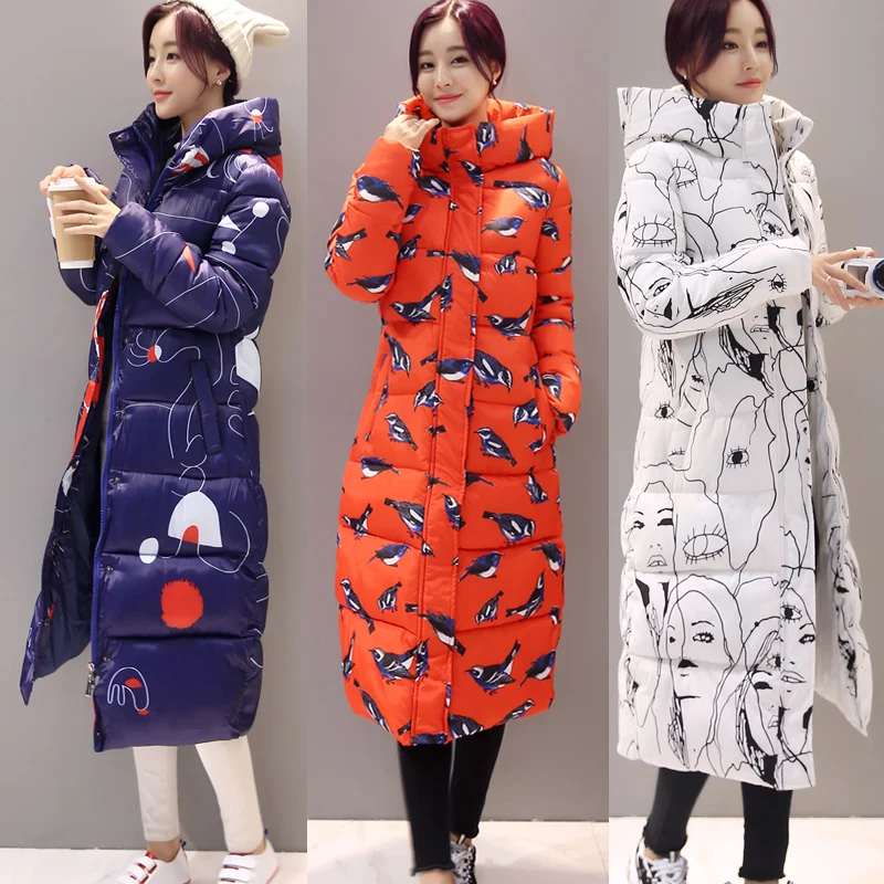 Korean New Winter Coat Women clothing Women Slim Printing pattern Long Coats Overcoat Winter Jacket Plus