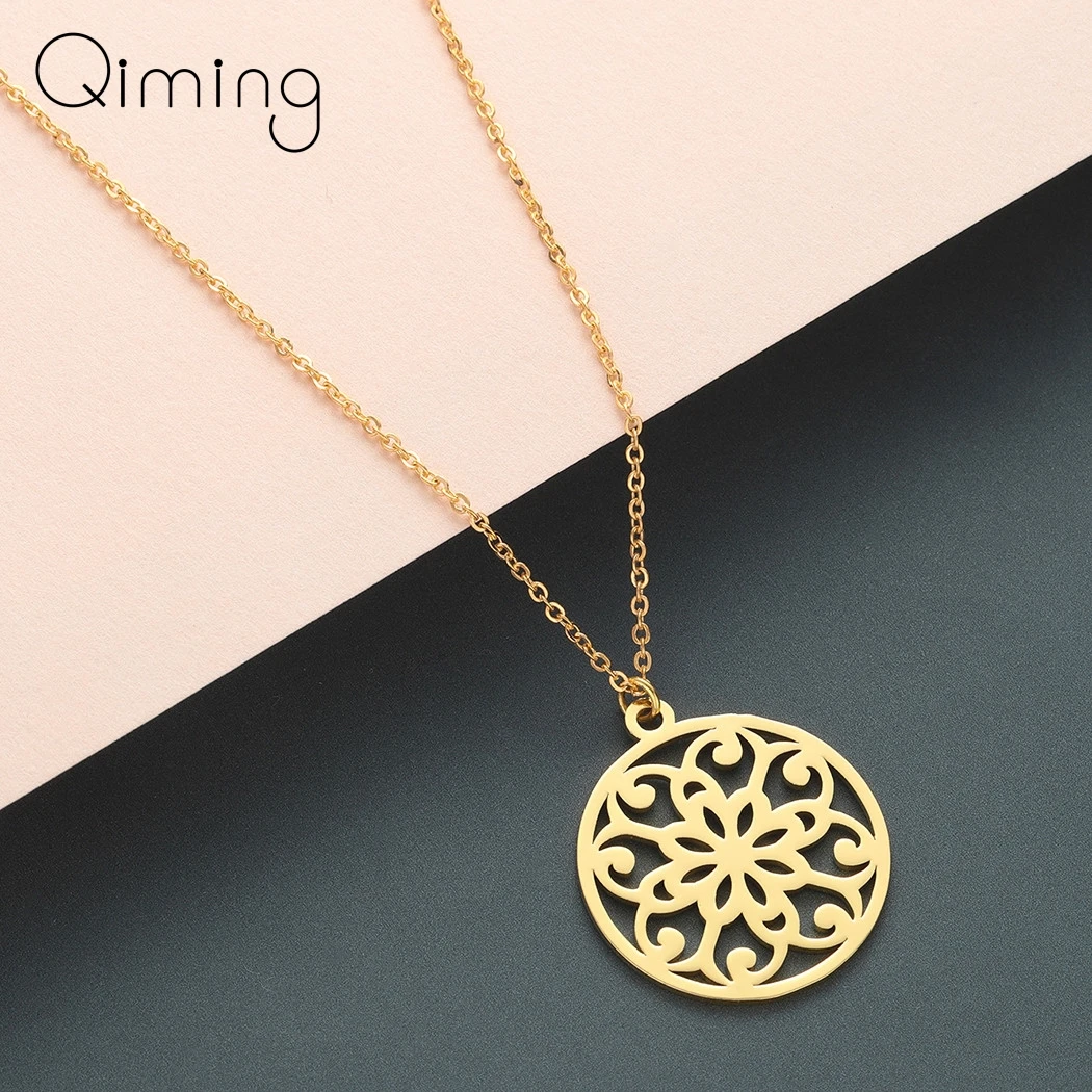 

Mandala Golden Necklace Women Handmade Buddhism Ancient Retro Indian Jewelry Floral Amulet Pendant Necklace Gift