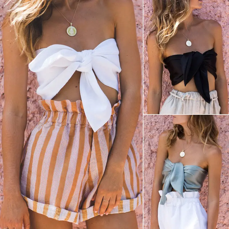 

Fashionable Women's Solid Casual Bow Short Off Shoulder Tank Top Backless Short Crop Tops Shirt Vest Female Sexy Bow Vest