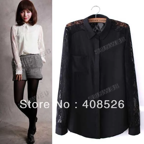 2014 New Fashion Korean Women's Tops Girl Long Sleeve Lace Shirt Chiffon Blouse Splicing White/Black Free shipping 11004 |