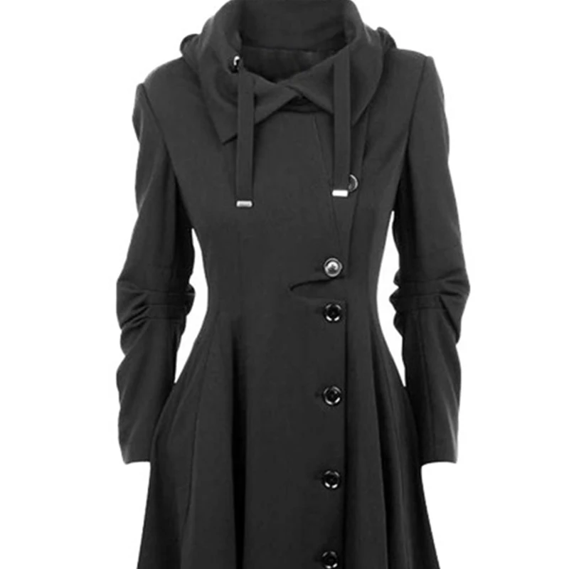 Модный длинный средневековый Тренч шерстяное пальто женское зимнее черное готическое пальто со стоячим воротником элегантное женское пальто винтажное женское - Цвет: Черный