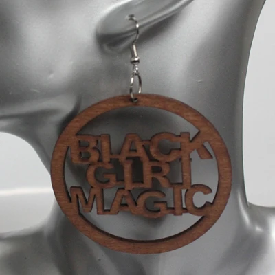 Необработанная деревянная лазерная резка черная девушка волшебные буквы круглые висячие серьги модные деревянные афро ювелирные изделия - Окраска металла: coffee