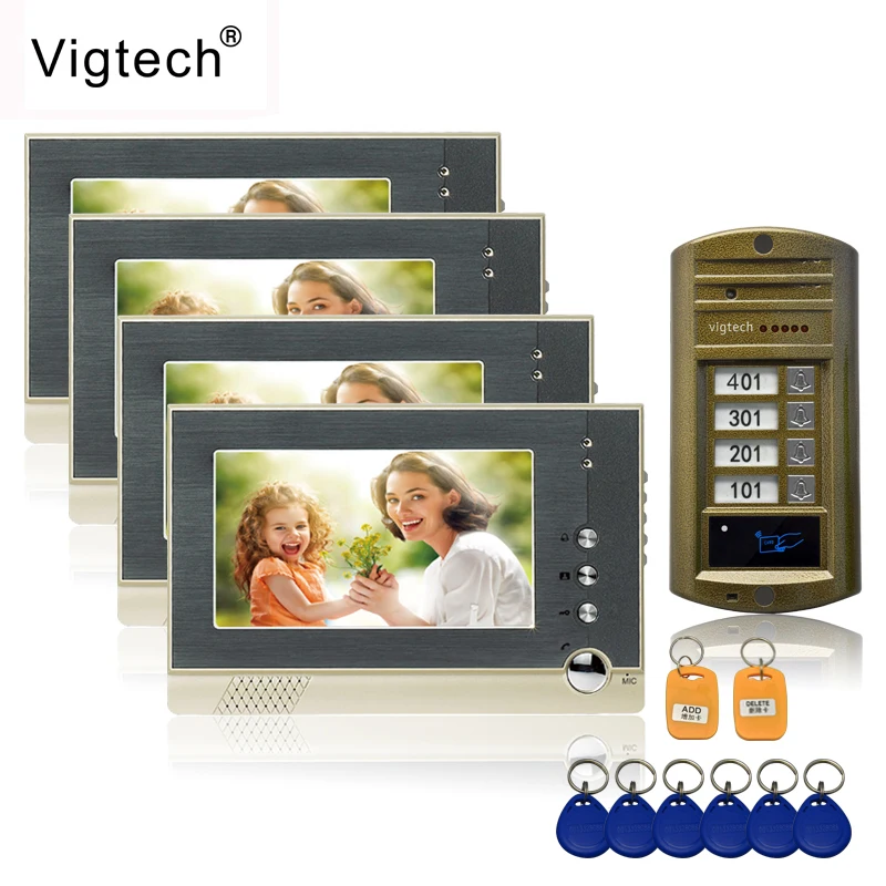 Vigtech 7'' color video door phone 4 monitors with 1 intercom doorbell can control 4 houses for multi apartment RFID Camera