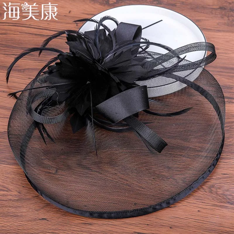 

Haimeikang High Quality Cocktail Clips Hats Sinamay Base With Feather Flower Fascinator Hair Accessories Occasion Wedding Hats