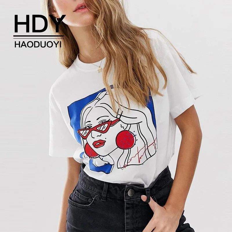 

HDY Haoduoyi Street Style Simple Personality Large Version Cartoon Print Round Neck Loose T-shirt Graphic Motif T Shirt In White