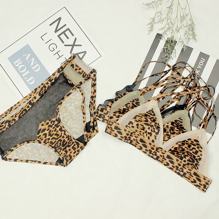 

Female Lingerie Leopard Printed Sexy Underwear Mesh Patchwork Breathable Cool Smooth Bra Set Unlined Comfort Bralette Pantie
