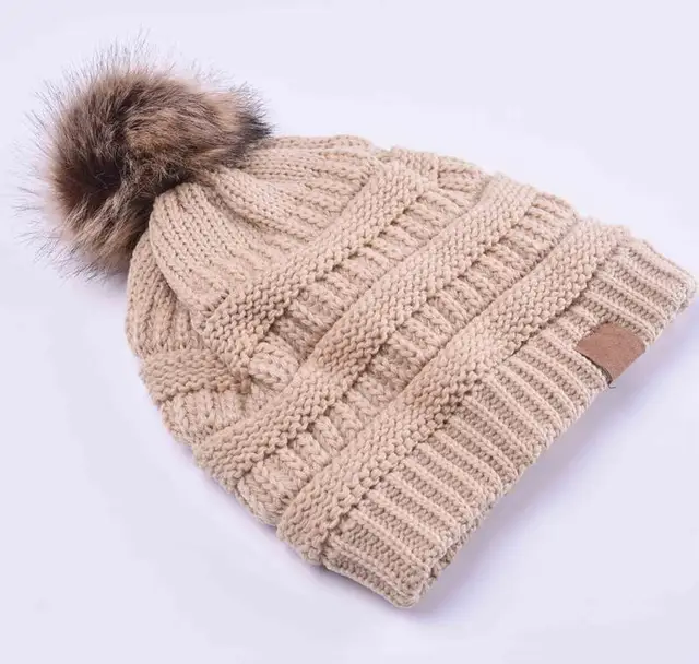 Woman Winter Hat Beanie C Faux Fur Pom Pom Ball For Hats Knitted Cap Skully Warm Ski Hat Trendy Soft Brand Thick Female Caps