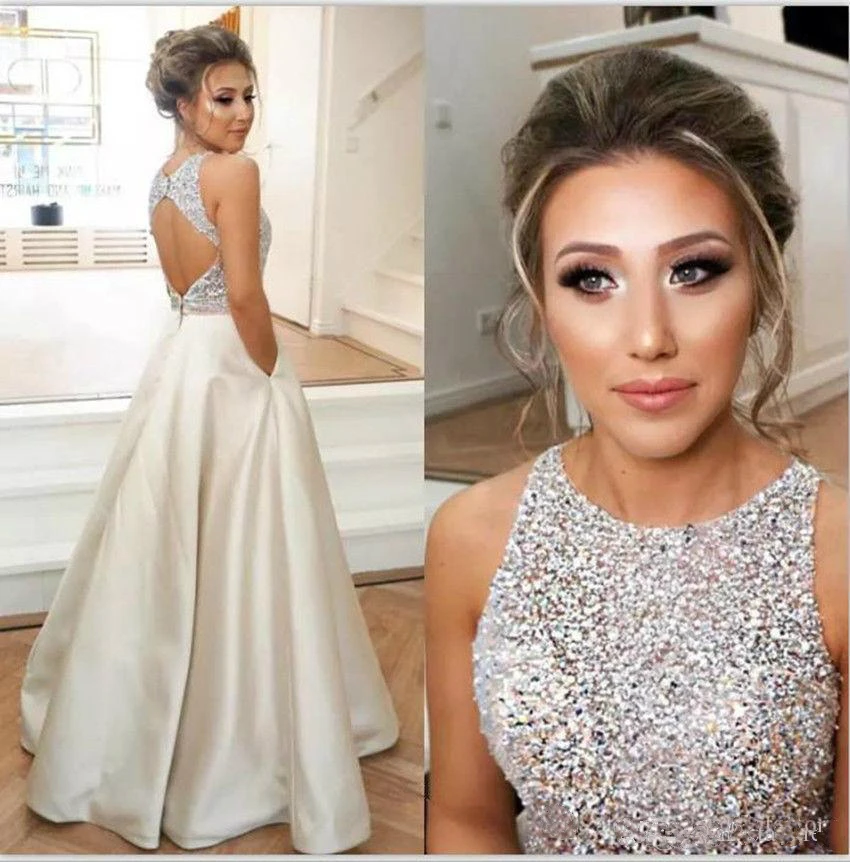 

New Bling Two Pieces Prom Dresses 2019 Scoop Sleeveless A-Line Beading Chiffon Evening Party Dresses Vestido de festa