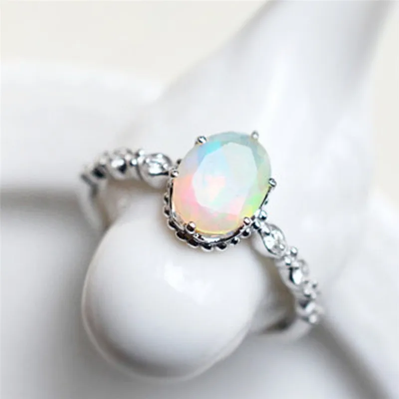 GS Rainbow Fire Mystic Crystal Zircon Lady Rings Jewelry Best Gift For Women White Opal Crystal Stainless Steel Wedding Ring R5