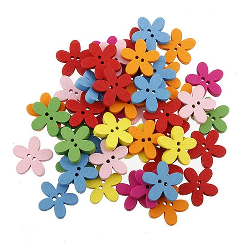 

100pcs Colorful Flower Flatback Wooden Buttons Sewing Scrapbooking Craft