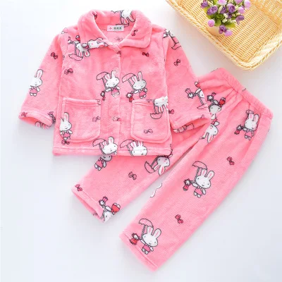 Pijama infantil inverno; детский пижамный комплект из кораллового флиса; пижама с принтом для маленьких мальчиков и девочек; детская фланелевая одежда для сна; пижамы для младенцев - Цвет: Pink Rabbit B pajama