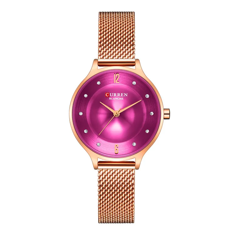 Модные тонкие женские часы, стразы, циферблат CURREN, красивые Аналоговые кварцевые наручные часы для женщин, серебряные женские часы - Цвет: rose red