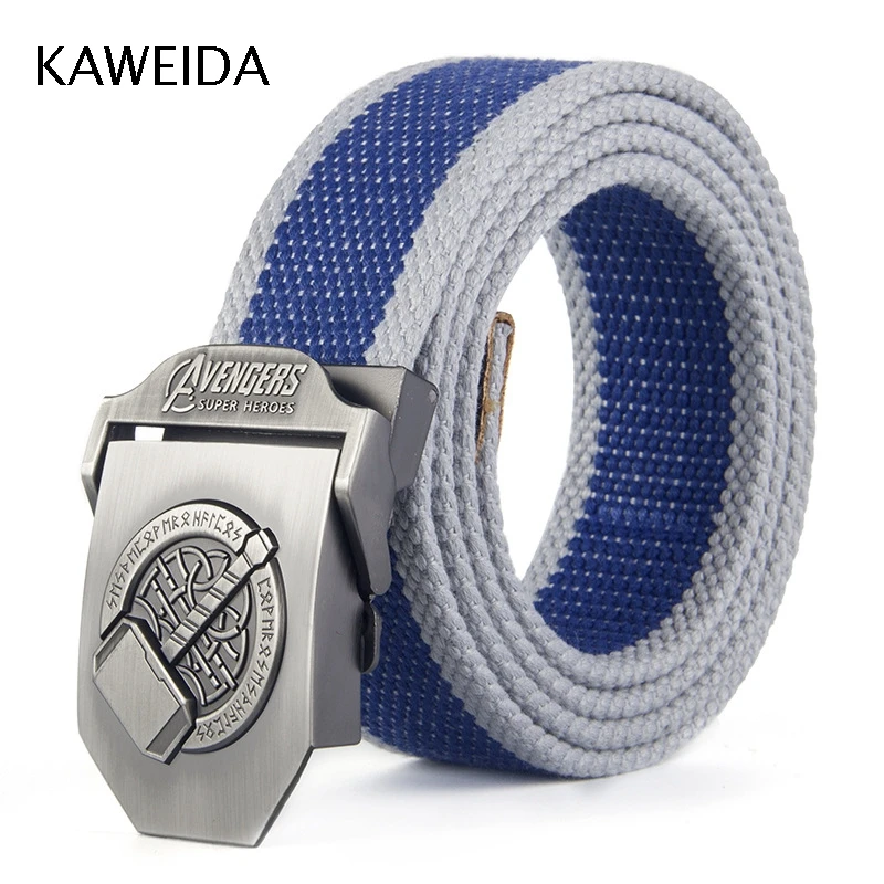 

KAWEIDA 2019 Men's Avengers Thor Hammer Automatic Buckle Waist Belt Canvas Leather Military Tactical Trouser Wide Outdoor Riem