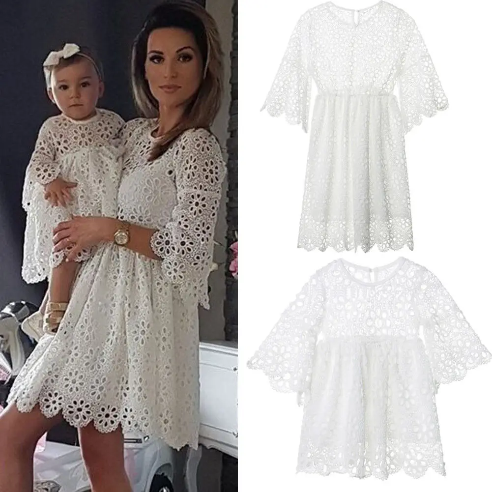 ZOGAA Mother & Daughter Clothes Parent-child Floral Lace Dress Long Flare Sleeve White Lace Flowers A-Line Knee-Length Dress ZOGAA Mother & Daughter Clothes Parent-child Floral Lace Dress Long Flare Sleeve White Lace Flowers A-Line Knee-Length Dress