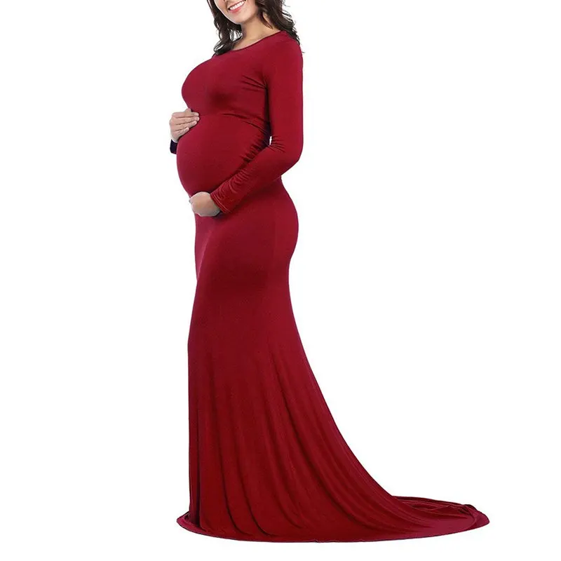 VOGUEON Women V Neck Maternity Dress Long Sleeve Ruched Maxi Photography Clothes Lady Mermaid Pregnant Baby Shower Evening Gown - Цвет: Wine Red Dress