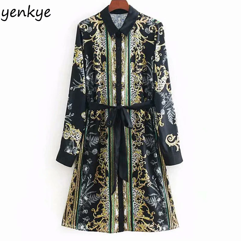 

Casual Summer Dress 2019 Women Vintage Black Print Shirt Dress Lady Lapel Collar Long Sleeve With Belt Plus Size Dress LYZ853