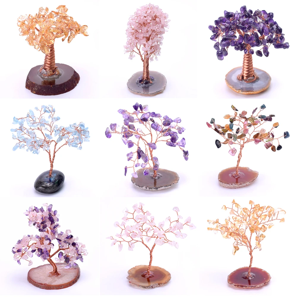 

Crystal Quartz Lucky Money Tree Ornaments Stones and Crystals Tree Fengshui with Agate Stand for Wealth and Luck Home Decor