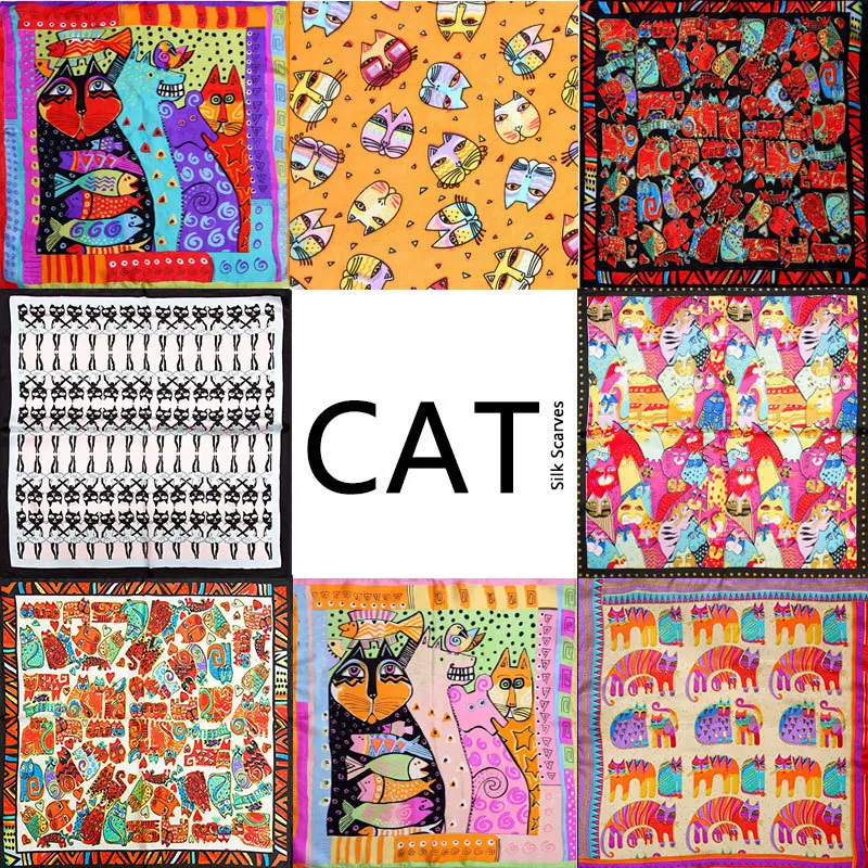 100% Silk Scarf Women Scarf Cat Scarf 2018 Foulard NeckerChief...