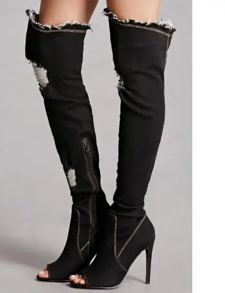 2017 newest cutouts open toe denim boots woman sexy over the knee boots summer high heel thigh high boots big size runway boots