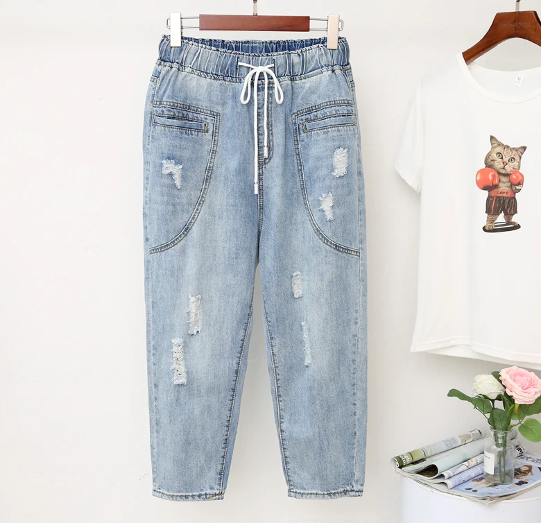 XL-5XL джинсы большого размера, женские свободные шаровары, джинсовые штаны длиной до лодыжки, осенние штаны с высокой талией, Корейская версия штанов с морковкой L1004