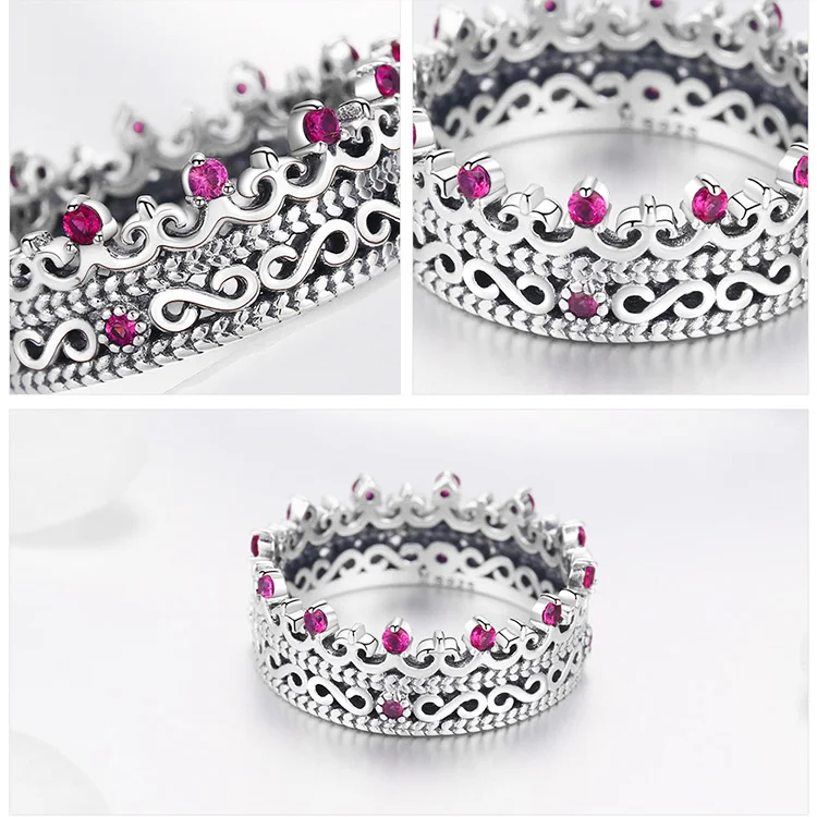 WOSTU Новая мода Настоящее серебро 925 проба корона принцессы королевы кольца для Женская циркониевая серебряное кольцо Свадебные украшения BKR487