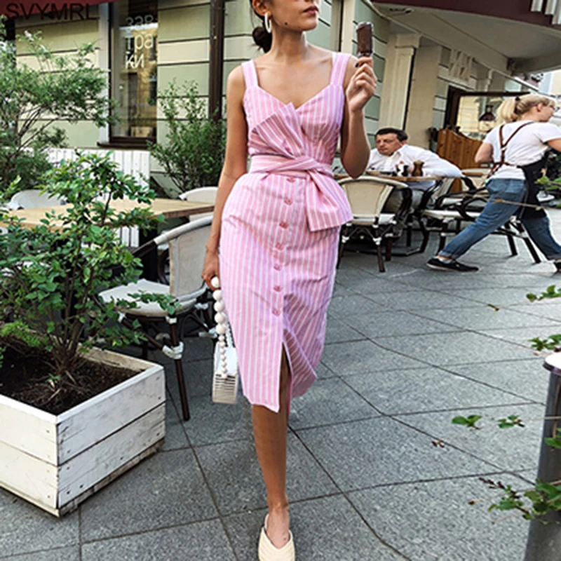

2019 New Women Sexy V-neck sleeveless stripe Straight Autumn Bottoming Long section dress Fashion button belt knee-lenght dress