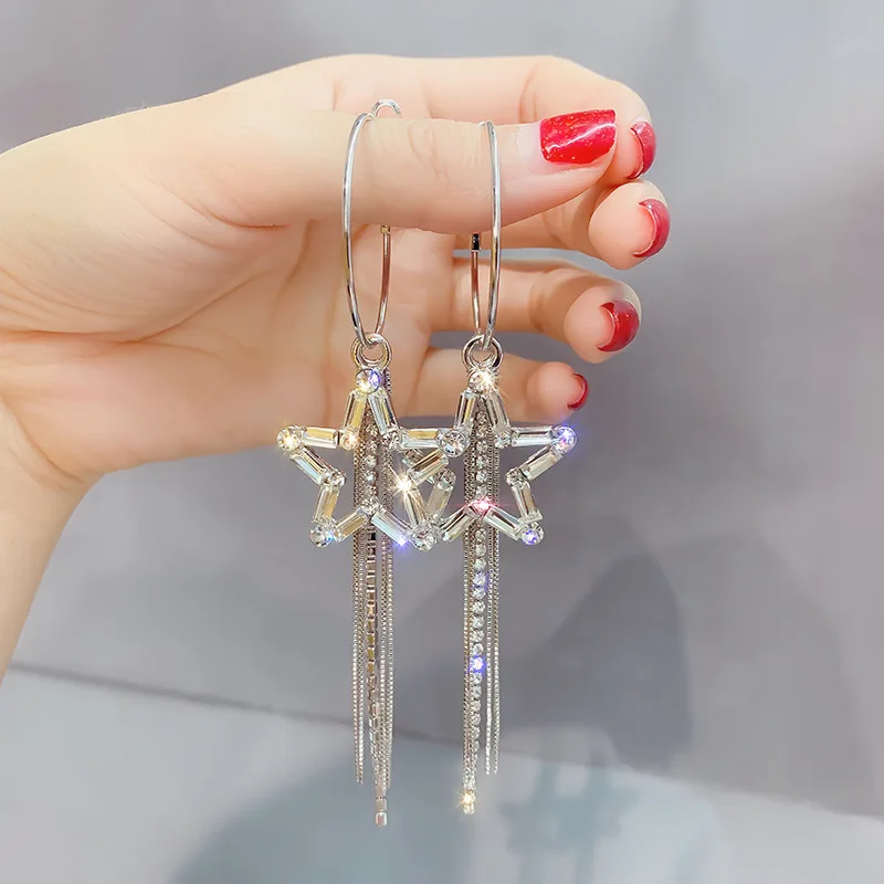 

2019 Korea hot fashion jewelry luxury five-pointed star crystal hoop earrings silver tassel wedding party earrings for women