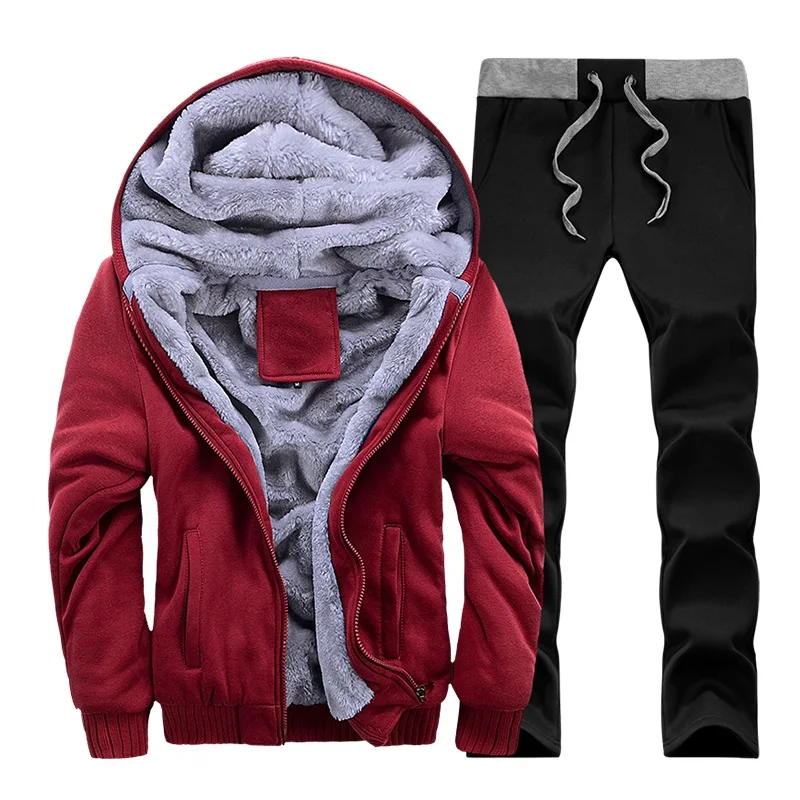 Спортивный костюм для мужчин, зимний плотный флисовый комплект, мужская шапка, Повседневный Активный костюм, мужская верхняя одежда на молнии, 2 шт куртка+ штаны