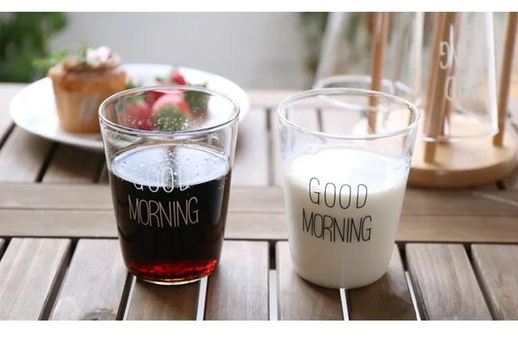 Высокое качество Япония Zakka Стиль Круглый с принтом «Good Morning» для завтрака молоко Кола стеклянные чашки чашка для воды прозрачная посуда для напитков белый черный