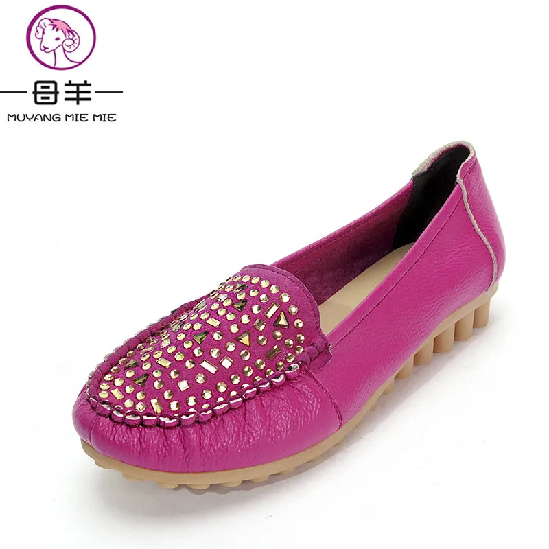

MUYANG Plus Size(35-42) Genuine Leather Rhinestone Soft Outsole Women Shoes Woman Loafers Single Casual Flat Shoes Women Flats