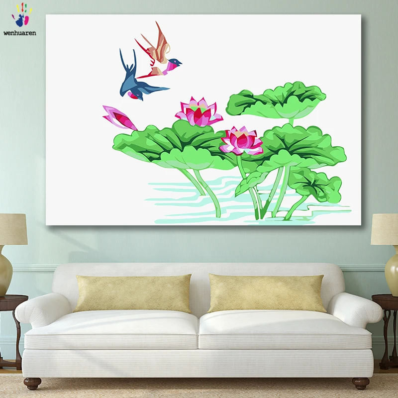 

DIY colorings pictures by numbers with colors Lotus hummingbird illustration picture drawing painting by numbers framed Home