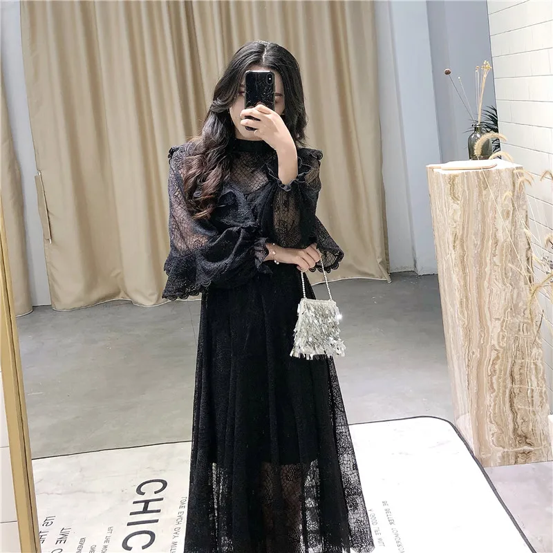 

2019 spring autumn new women lace dress suits long lantern sleeve stand neck butterfly collar long loose female dress sweet