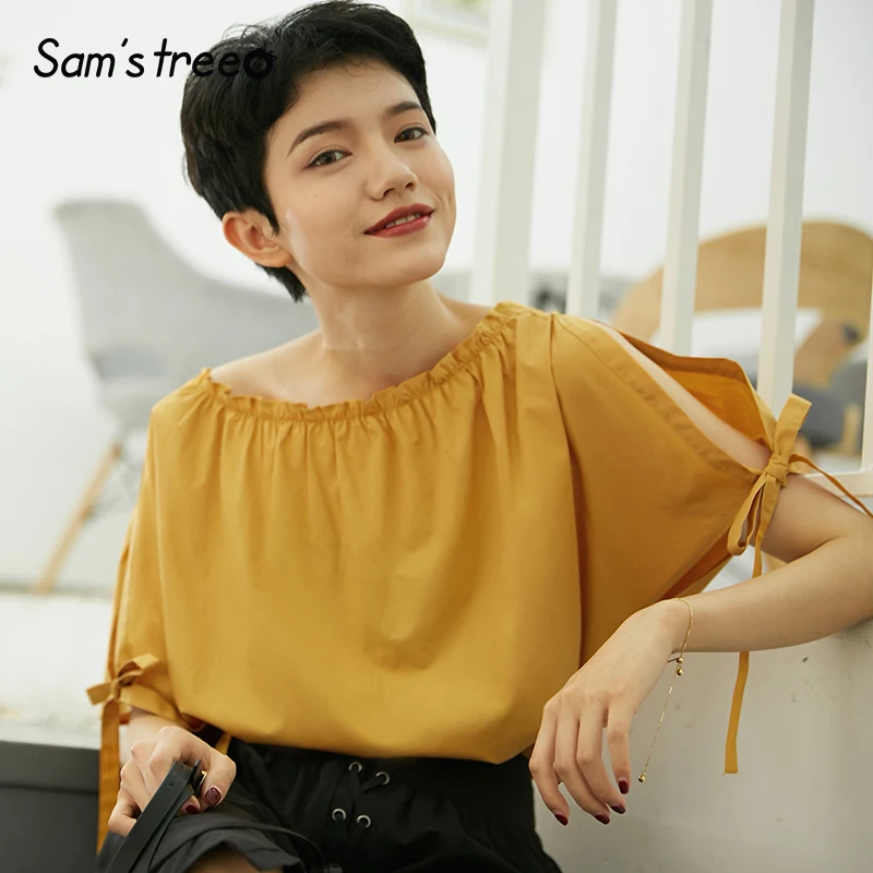 

Samstree Female Blouses Agaric Collar Slash Neck Women Tops Slash Neck Cuff Drawstring Ladies Pullover