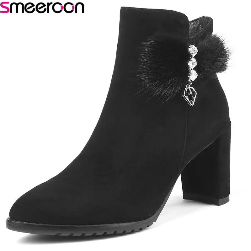 

Smeeroon popular autumn winter boots zip kid suede leather boots pointed toe ankle boots for women high heels prom shoes