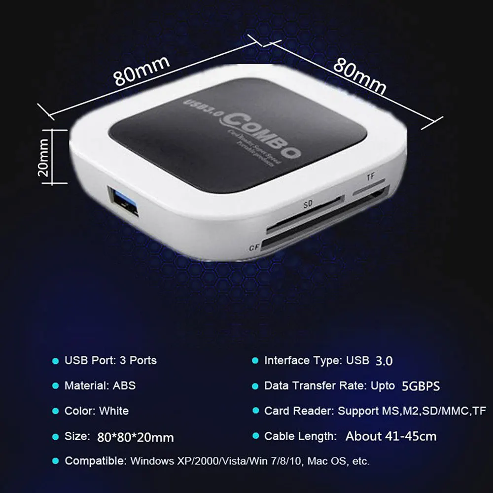 Super Speed 3.0 Card Reader for TF/SD/CF with 3 Port USB 3.0 HUB USB3.0 Cable for you no need any drive beautiful LED Indication Super Speed 3.0 Card Reader for TF/SD/CF with 3 Port USB 3.0 HUB USB3.0 Cable for you no need any drive beautiful LED Indication