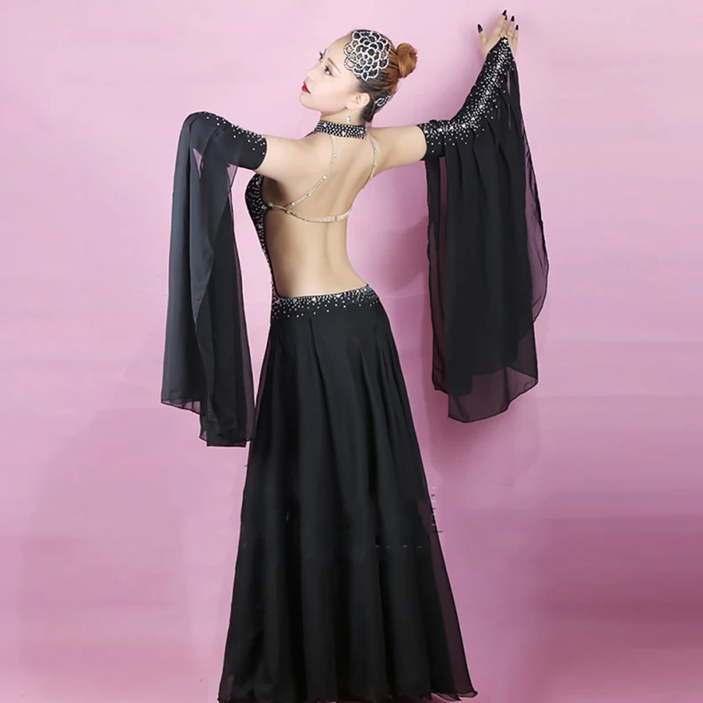 Новые Современные платья для танцев для дам, черный цвет, без рукавов, с открытой спиной, юбка для женщин, конкурентоспособные стандартные костюмы для бальных танцев, B116