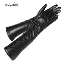 Magelier Для женщин длинные из натуральной кожи перчатки из натуральной овечьей кожи Сенсорный экран перчатки черные перчатки из овчины Утепленная одежда зимой 081