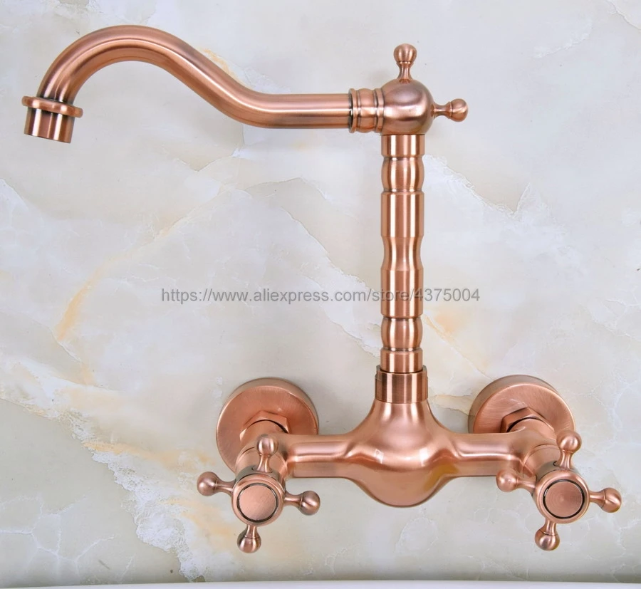 Antique Red Copper Kitchen Bathroom Basin Sink Faucet Vessel Tap Mixer Tap Dual Handles Wall Mounted Nnf945