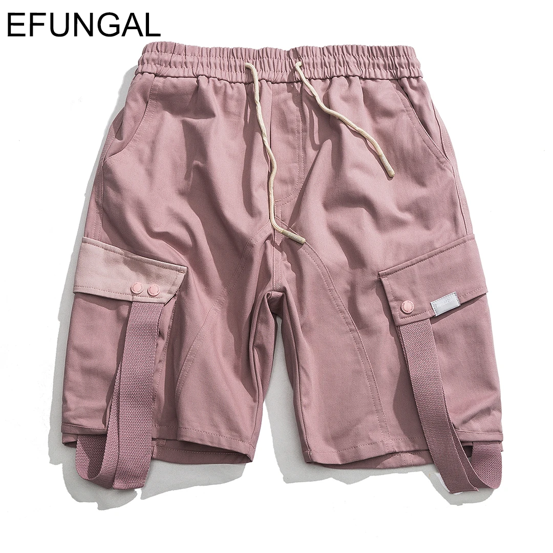 EFUNGAL Pink Color Shorts Men Summer Drawstring Pockets Cargo Short