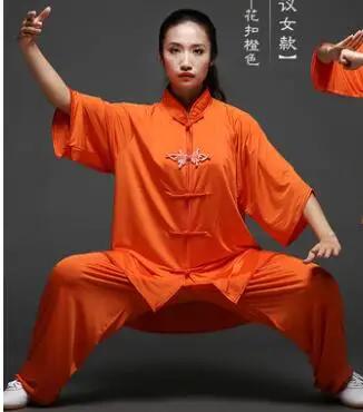Одинаковая форма Jackie Chan, одежда из шелка, весенне-осенняя одежда для упражнений и прекрасная одежда для занятий ушу Тай Чи кунгфу, боевой наряд - Цвет: Woman Orange