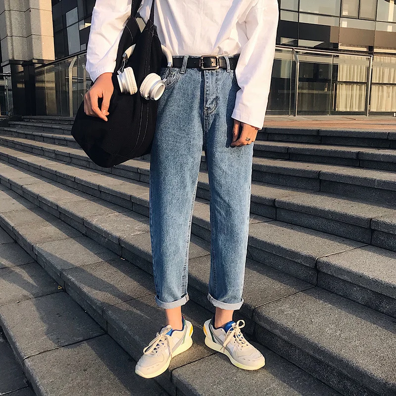 

Men's Ankle Length Jeans Cropped Cuffs Solid Blue Casual Trousers Trendy loose Fit Straight Cuffs Pencil Pants Spring Summer