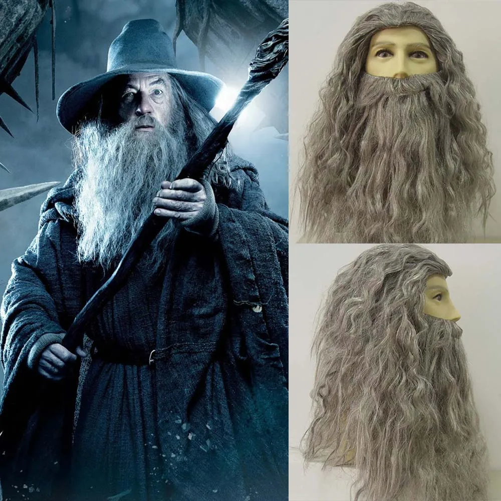 Günstige Wizard Gandalf Cosplay Perücke Langen Lockigen Haar Grau Bart Outfit Alten Mann Zauberer Kostüm Perücke Halloween Phantasie Kleid Zubehör