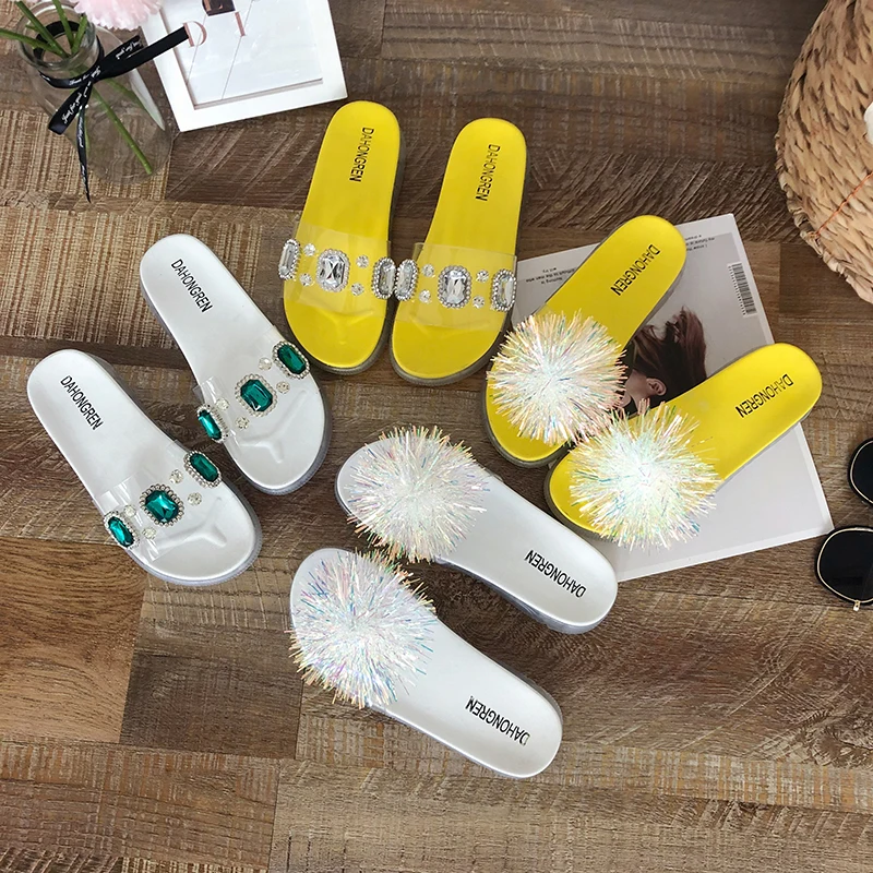 

Summer New Women Fur Slides Shoes Crystal Platform Slippers Fashion Transparent Sloe Casual Beach Slippers Appliques Sandals