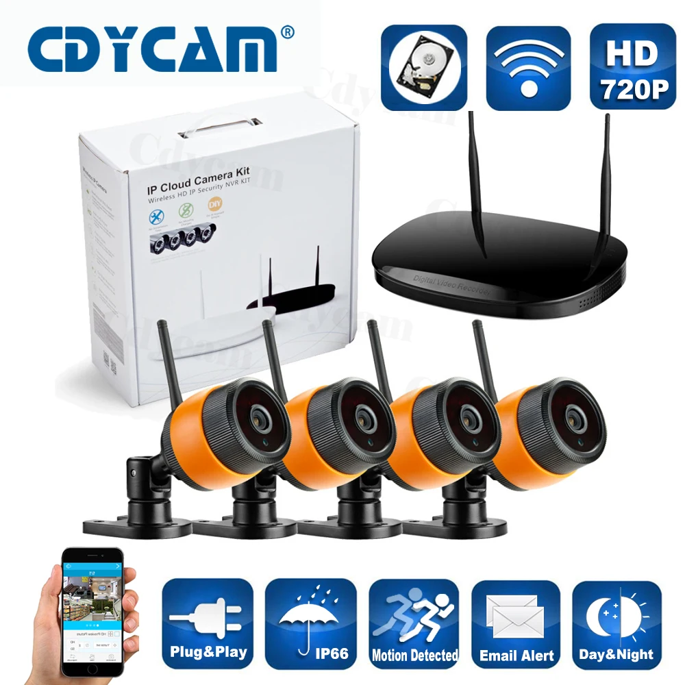  Smart Wifi Kit Surveillance CCTV Network NVR System 1PCS FULL HD 720P 4CH NVR 4PCS 1.0MP 720P Megapixel Outdoor Wifi IP Camera 