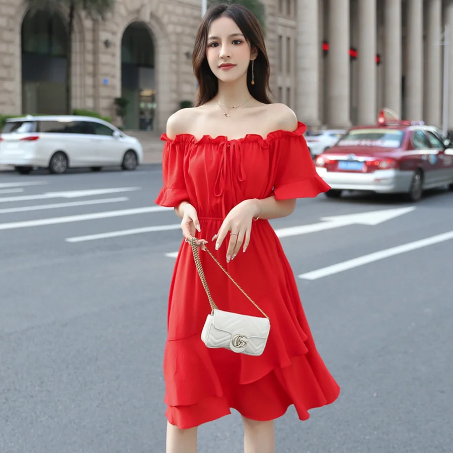red off the shoulder sundress