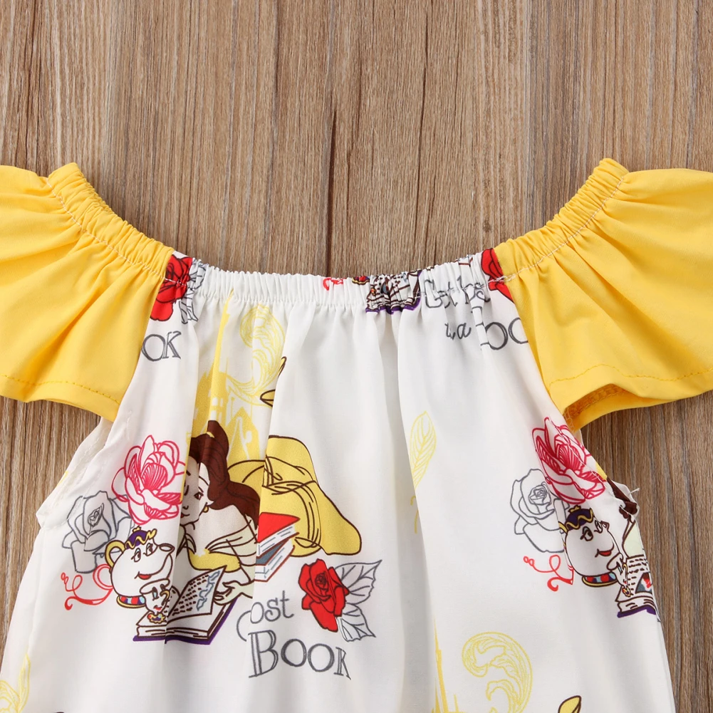 Новые летние для маленьких девочек с рисунком принцессы желтый комбинезон оборками рукав Флай комбинезон одежда для малышей; цельная одежда